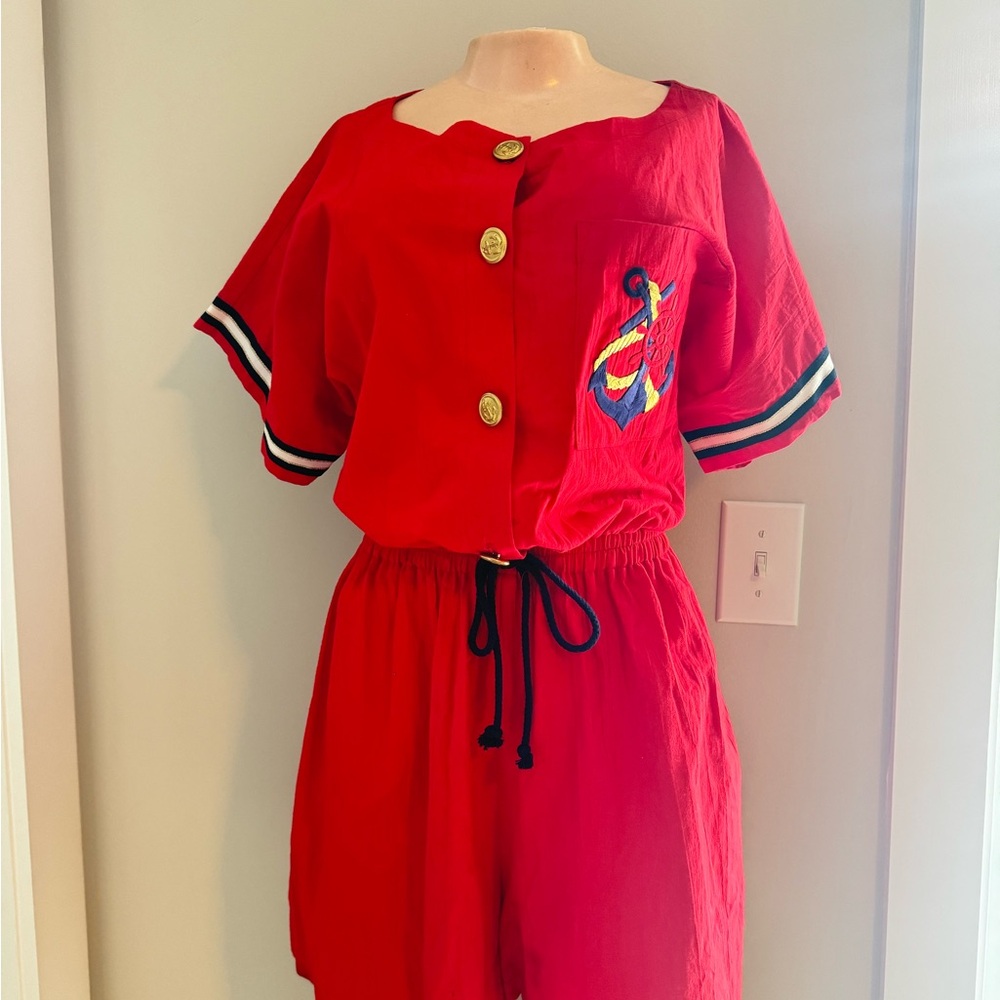 Red and Blue Sporty Jumpsuit with Striped Trim